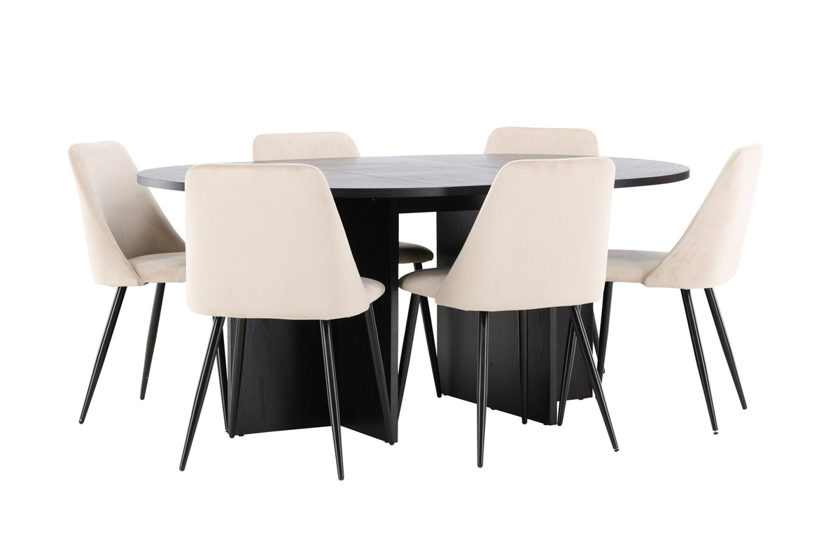 Runder Esstisch Strada aus MDF mit sechs Night-Stühlen mit Samtpolsterung und schwarzen Beinen, Esszimmerset von Venture Home