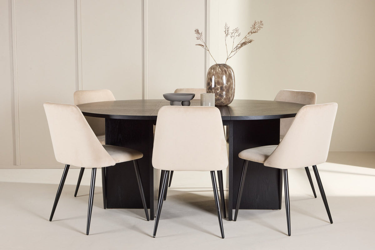 Runder Esstisch Strada aus MDF mit sechs Night-Stühlen mit Samtpolsterung und schwarzen Beinen, Esszimmerset von Venture Home