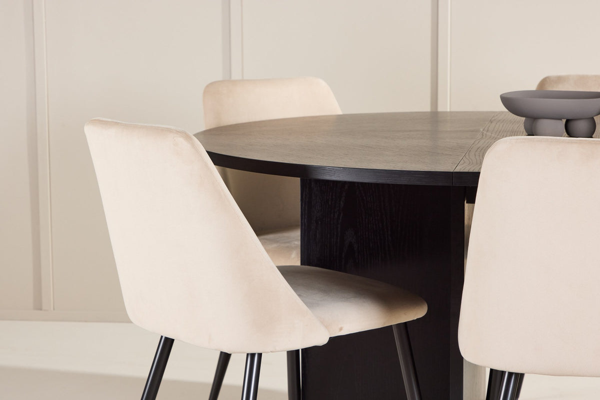 Runder Esstisch Strada aus MDF mit sechs Night-Stühlen mit Samtpolsterung und schwarzen Beinen, Esszimmerset von Venture Home
