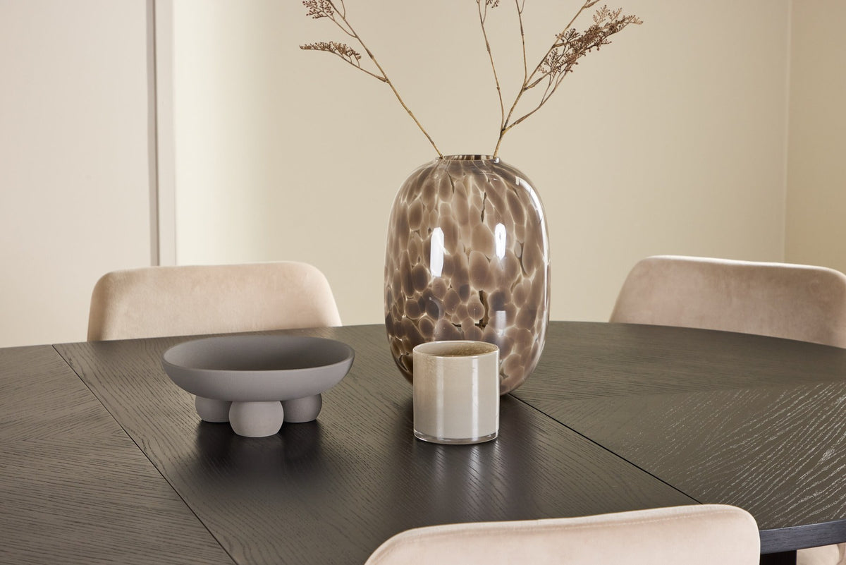 Runder Esstisch Strada aus MDF mit sechs Night-Stühlen mit Samtpolsterung und schwarzen Beinen, Esszimmerset von Venture Home
