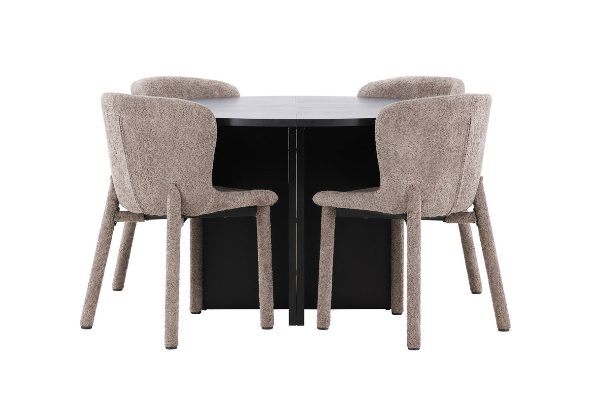 Esszimmerset von Venture Home: rechteckiger Esstisch mit schwarzer MDF-Platte und Stahlbeinen sowie zwei Stühle mit braunem Bouclé-Bezug.