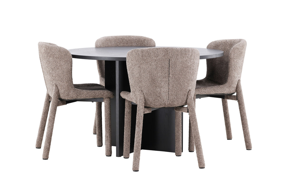 Esszimmerset von Venture Home: rechteckiger Esstisch mit schwarzer MDF-Platte und Stahlbeinen sowie zwei Stühle mit braunem Bouclé-Bezug.