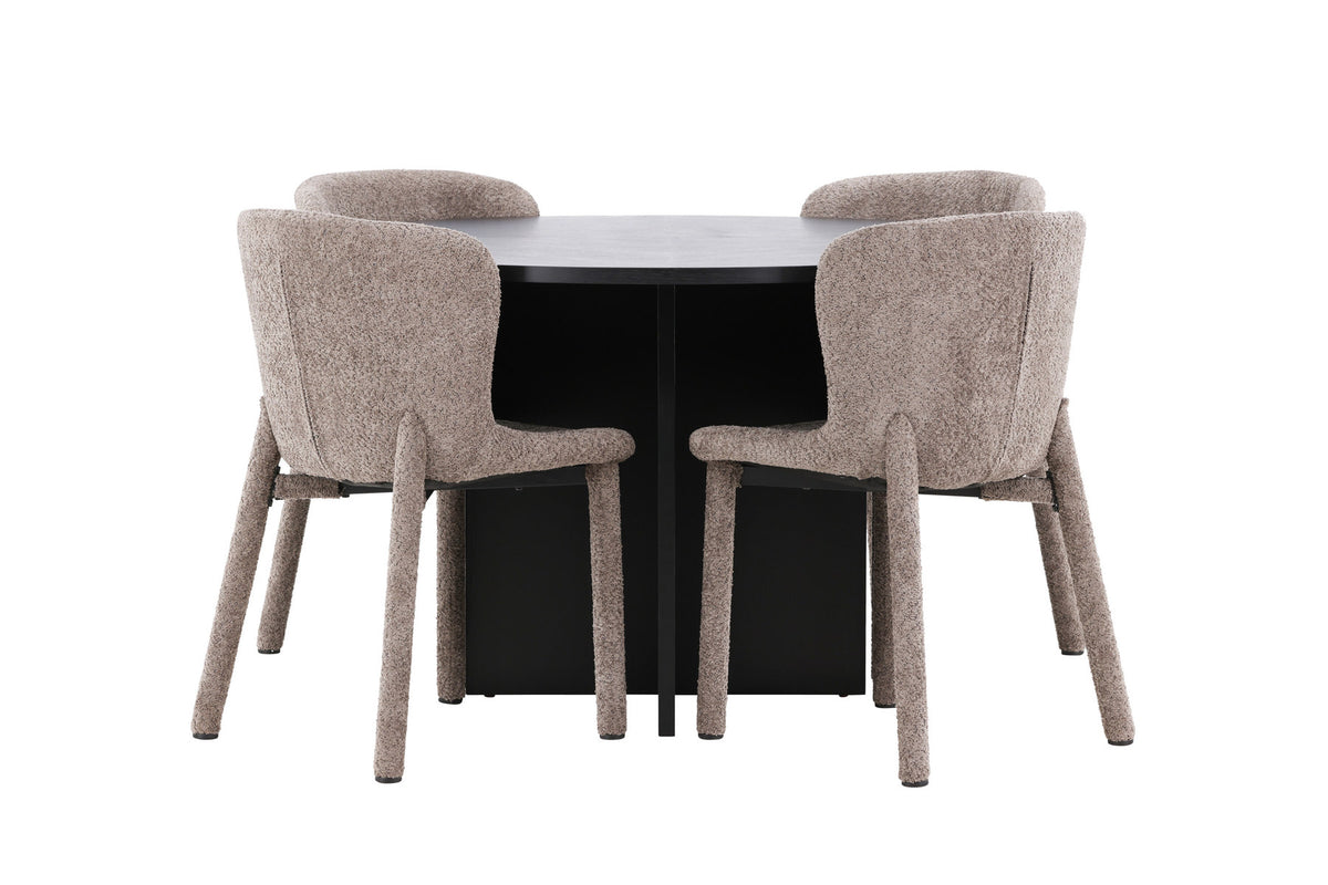 Esszimmerset von Venture Home: rechteckiger Esstisch mit schwarzer MDF-Platte und Stahlbeinen sowie zwei Stühle mit braunem Bouclé-Bezug.