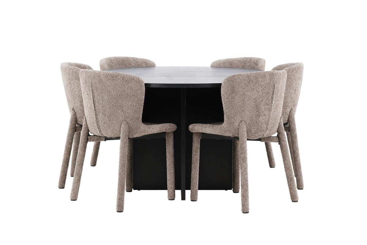 Esszimmerset von Venture Home: rechteckiger Esstisch mit schwarzer MDF-Platte und Stahlbeinen sowie zwei Stühle mit braunem Bouclé-Bezug.