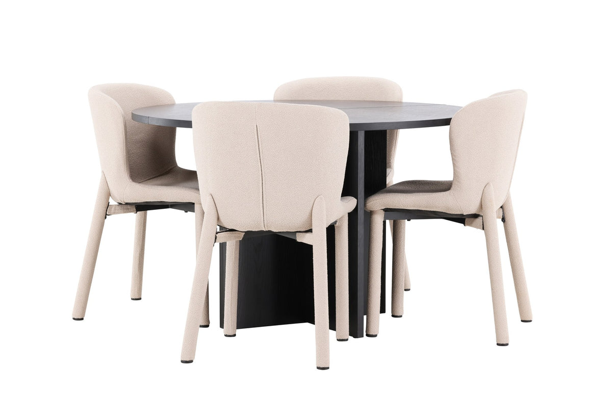 Rundes Esstischset Strada mit sechs Astoria-Stühlen aus MDF und Bouclé-Bezug, Ausführung Schwarz oder White Wash, sechs Sitzplätze