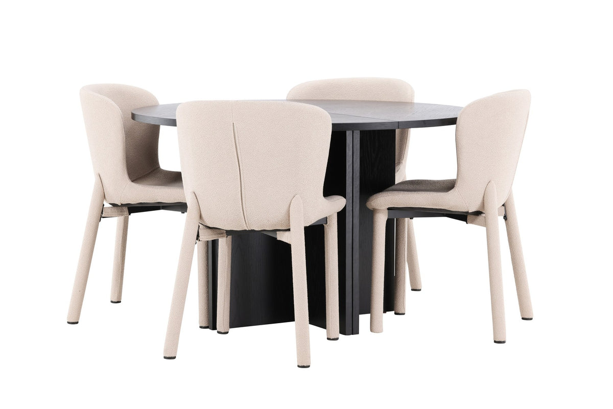 Rundes Esstischset Strada mit sechs Astoria-Stühlen aus MDF und Bouclé-Bezug, Ausführung Schwarz oder White Wash, sechs Sitzplätze