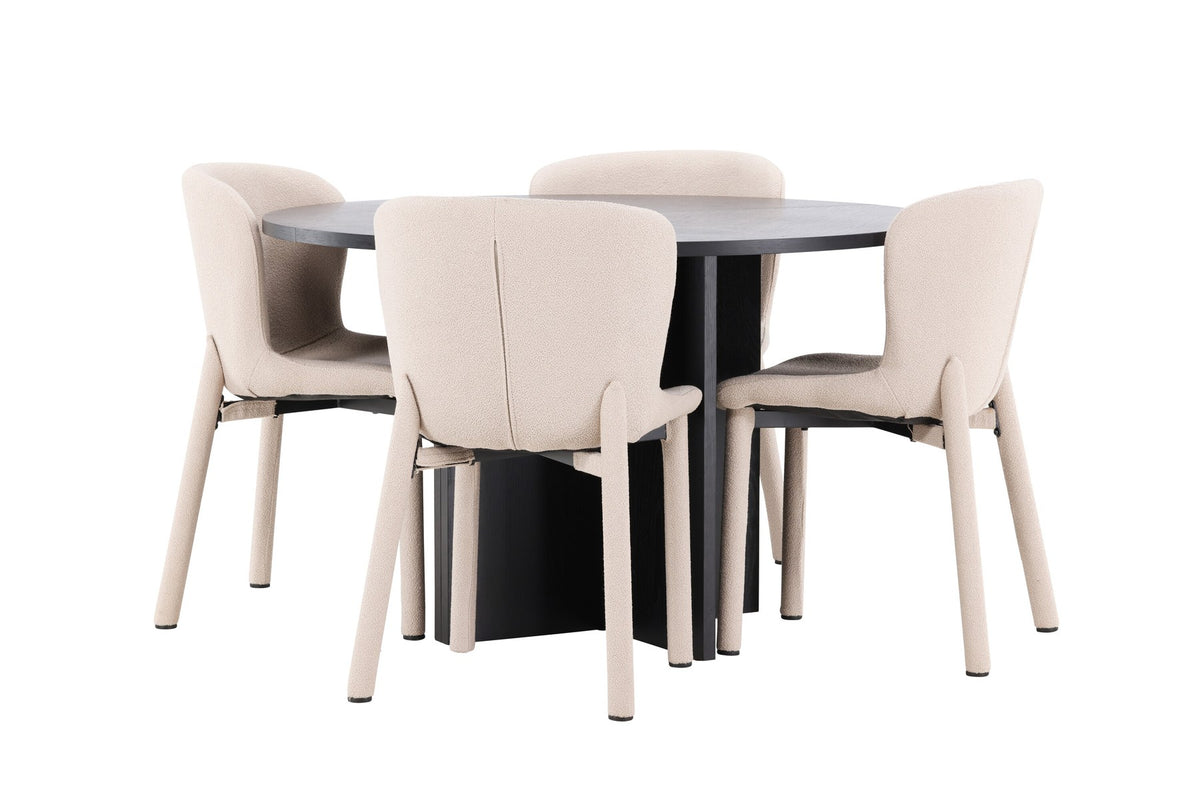 Rundes Esstischset Strada mit sechs Astoria-Stühlen aus MDF und Bouclé-Bezug, Ausführung Schwarz oder White Wash, sechs Sitzplätze