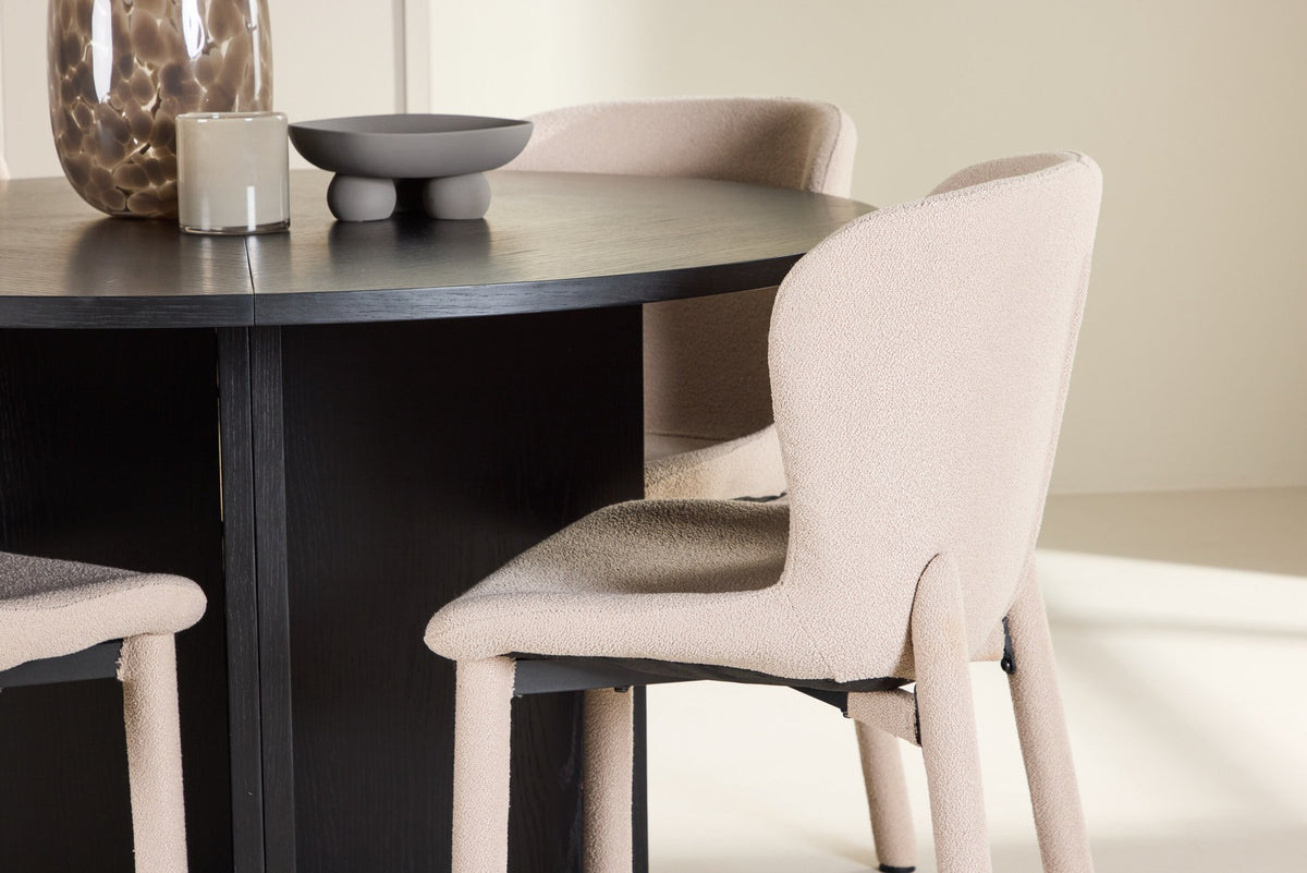 Rundes Esstischset Strada mit sechs Astoria-Stühlen aus MDF und Bouclé-Bezug, Ausführung Schwarz oder White Wash, sechs Sitzplätze