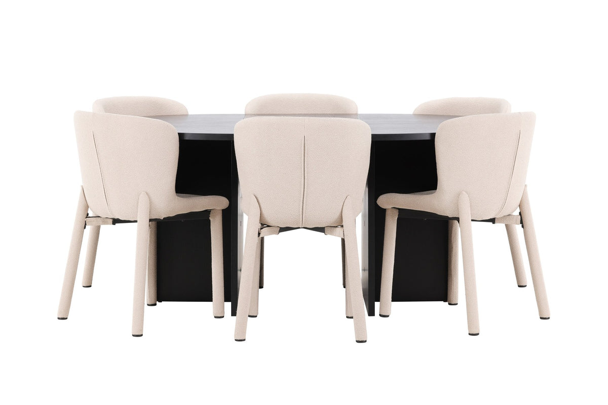 Rundes Esstischset Strada mit sechs Astoria-Stühlen aus MDF und Bouclé-Bezug, Ausführung Schwarz oder White Wash, sechs Sitzplätze