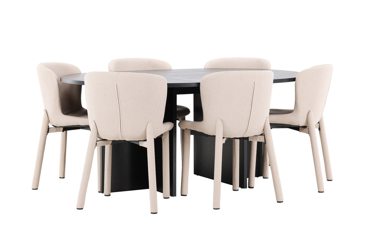 Rundes Esstischset Strada mit sechs Astoria-Stühlen aus MDF und Bouclé-Bezug, Ausführung Schwarz oder White Wash, sechs Sitzplätze