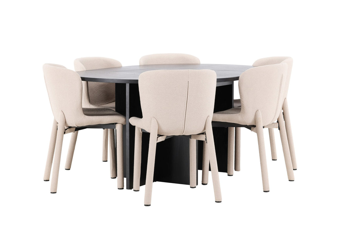 Rundes Esstischset Strada mit sechs Astoria-Stühlen aus MDF und Bouclé-Bezug, Ausführung Schwarz oder White Wash, sechs Sitzplätze