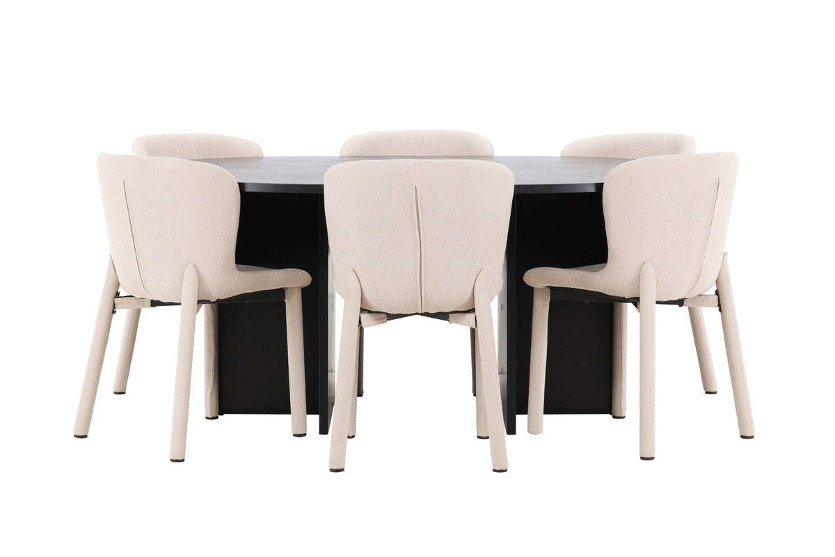 Rundes Esstischset Strada mit sechs Astoria-Stühlen aus MDF und Bouclé-Bezug, Ausführung Schwarz oder White Wash, sechs Sitzplätze