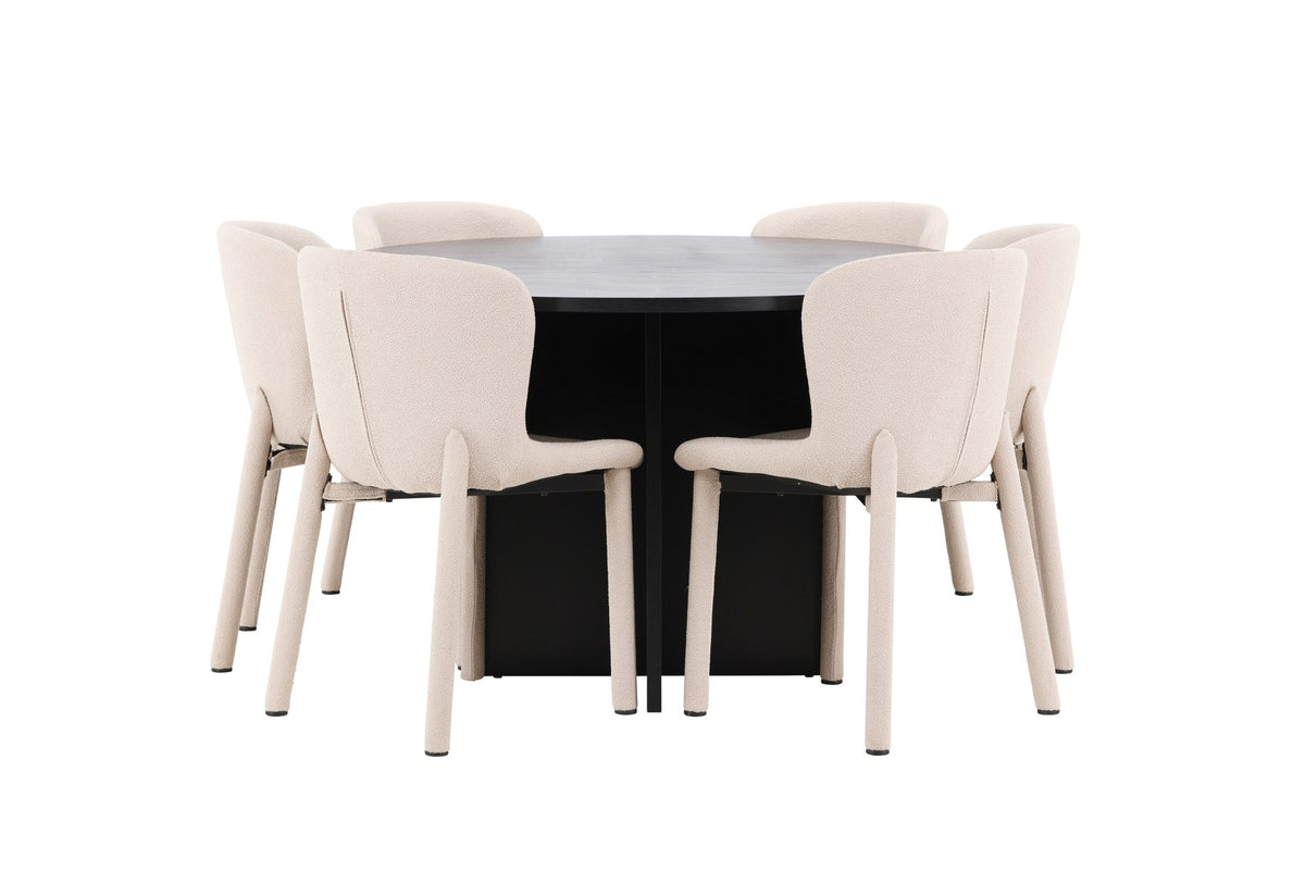 Rundes Esstischset Strada mit sechs Astoria-Stühlen aus MDF und Bouclé-Bezug, Ausführung Schwarz oder White Wash, sechs Sitzplätze