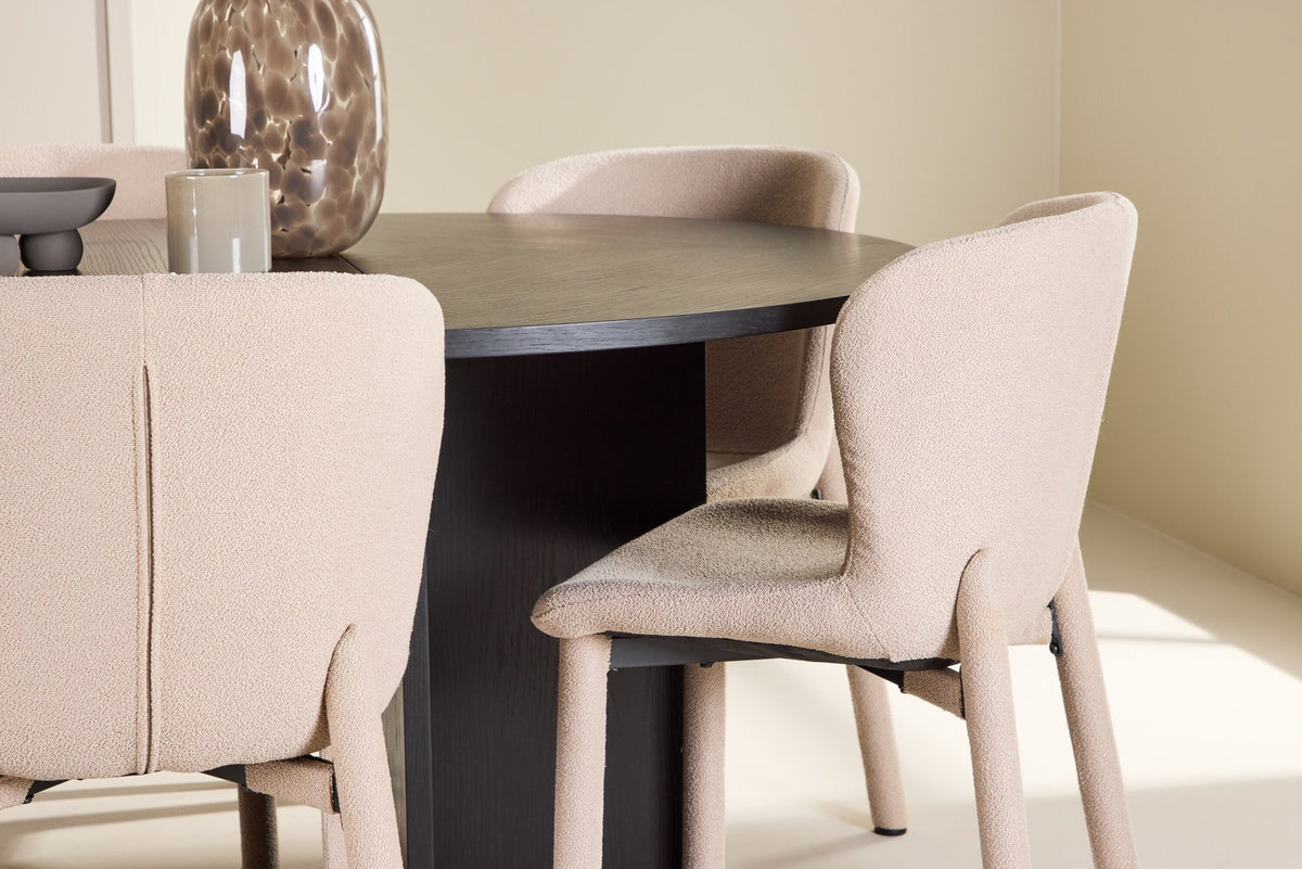 Rundes Esstischset Strada mit sechs Astoria-Stühlen aus MDF und Bouclé-Bezug, Ausführung Schwarz oder White Wash, sechs Sitzplätze