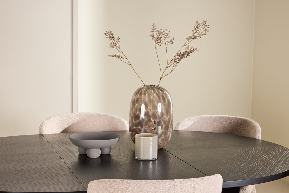 Rundes Esstischset Strada mit sechs Astoria-Stühlen aus MDF und Bouclé-Bezug, Ausführung Schwarz oder White Wash, sechs Sitzplätze