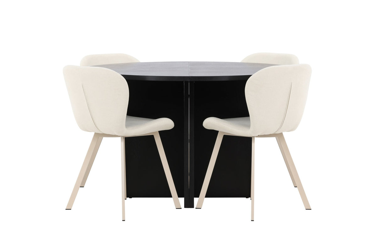 Runder Esstisch Strada aus MDF in White Wash mit sechs Lilja Stühlen, Esszimmerset von Venture Home in schlichtem Design