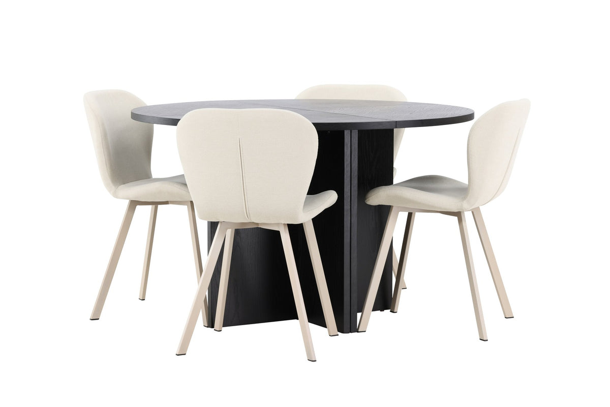 Runder Esstisch Strada aus MDF in White Wash mit sechs Lilja Stühlen, Esszimmerset von Venture Home in schlichtem Design