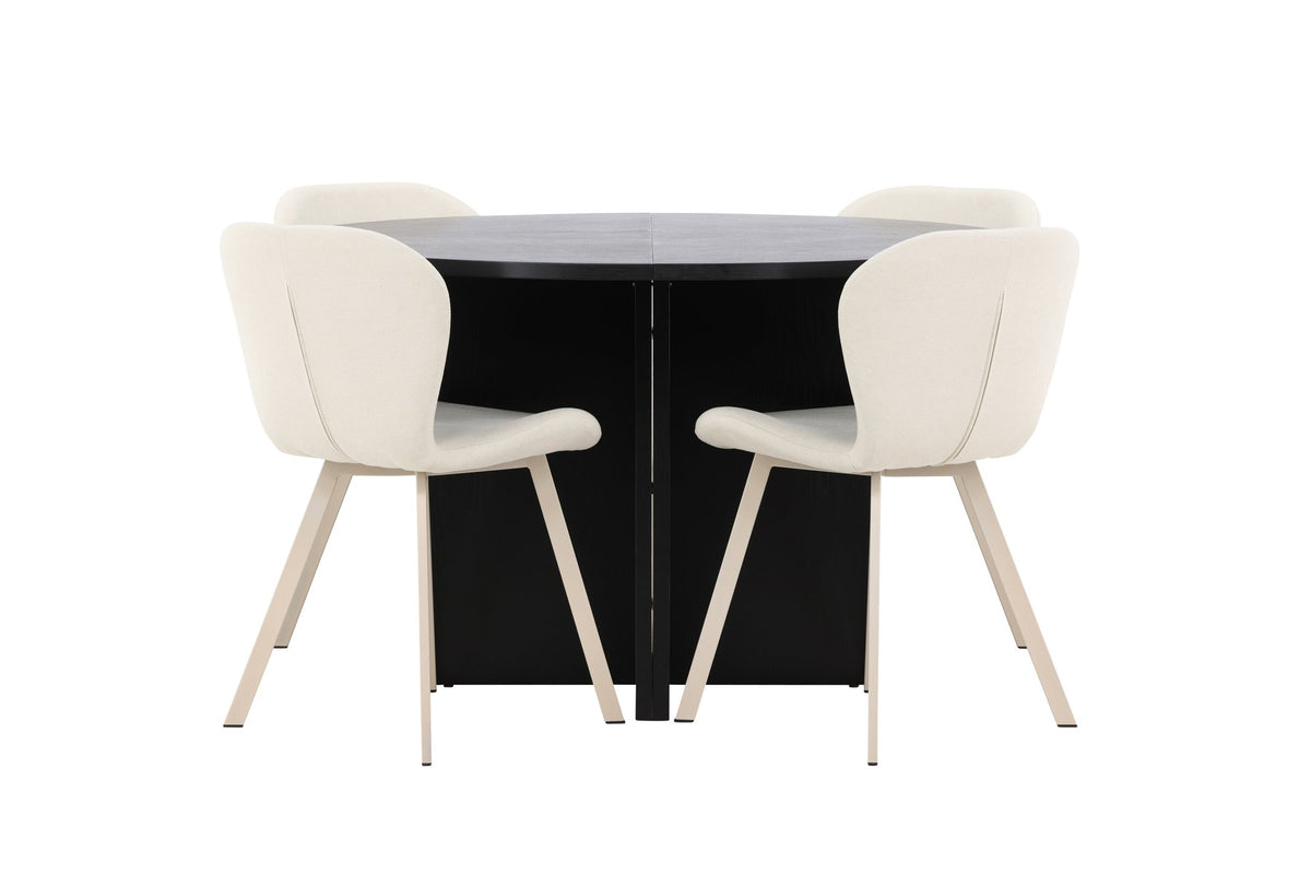 Runder Esstisch Strada aus MDF in White Wash mit sechs Lilja Stühlen, Esszimmerset von Venture Home in schlichtem Design