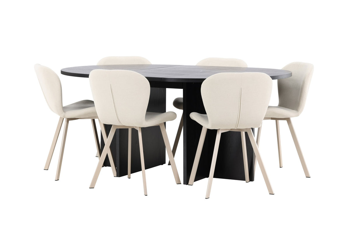 Runder Esstisch Strada aus MDF in White Wash mit sechs Lilja Stühlen, Esszimmerset von Venture Home in schlichtem Design