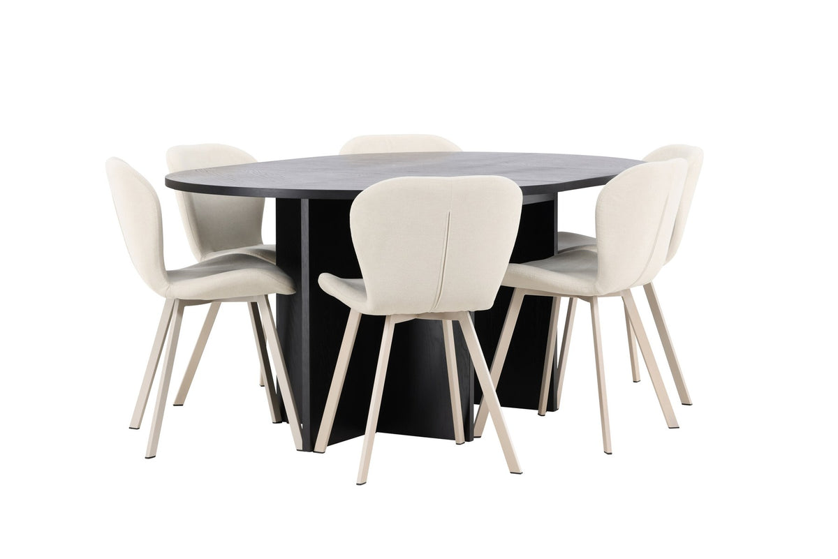 Runder Esstisch Strada aus MDF in White Wash mit sechs Lilja Stühlen, Esszimmerset von Venture Home in schlichtem Design