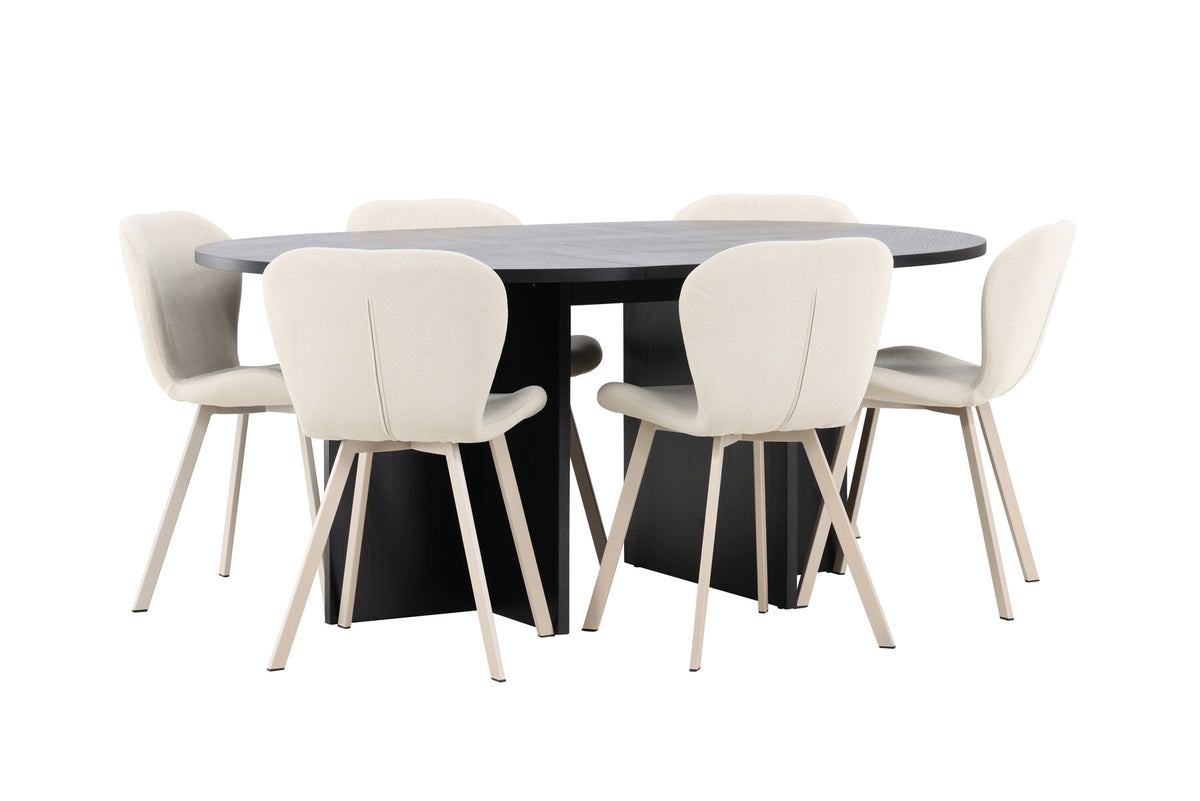 Runder Esstisch Strada aus MDF in White Wash mit sechs Lilja Stühlen, Esszimmerset von Venture Home in schlichtem Design
