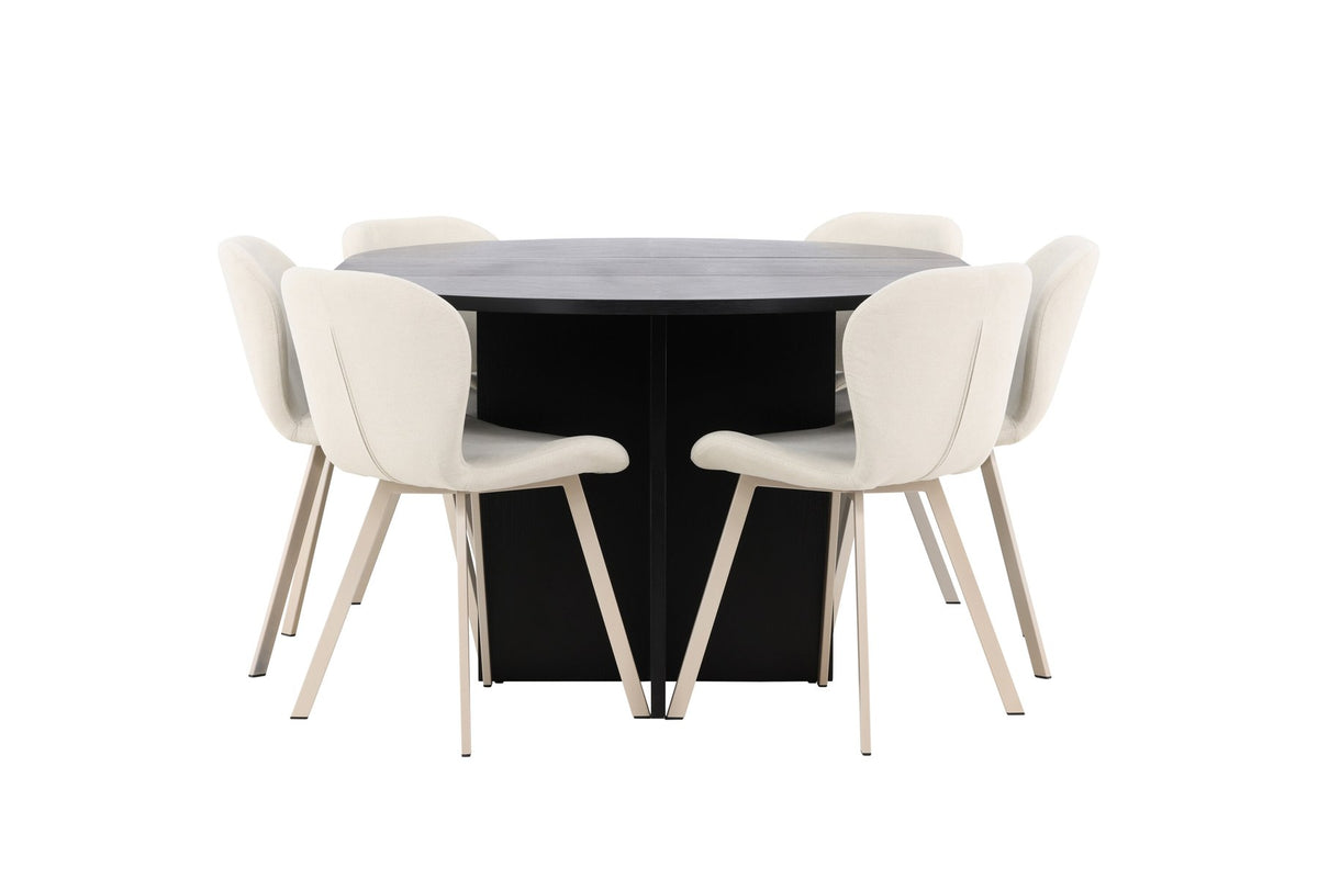 Runder Esstisch Strada aus MDF in White Wash mit sechs Lilja Stühlen, Esszimmerset von Venture Home in schlichtem Design