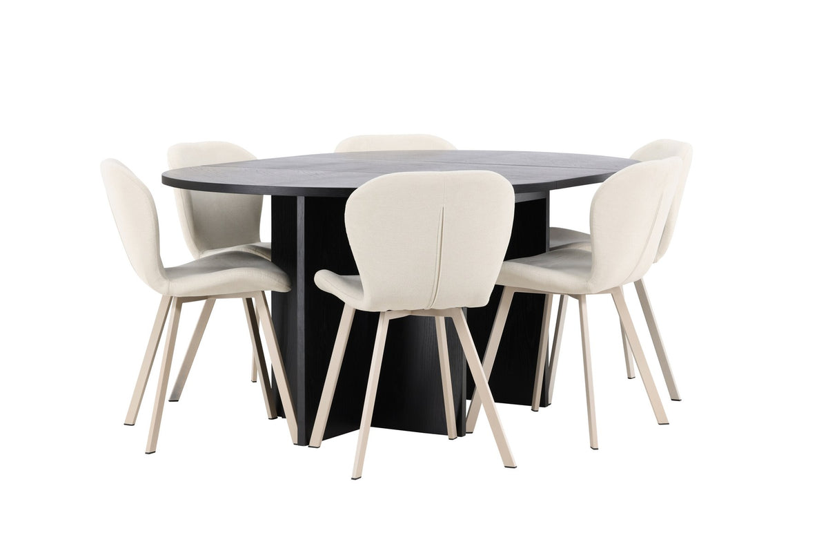 Runder Esstisch Strada aus MDF in White Wash mit sechs Lilja Stühlen, Esszimmerset von Venture Home in schlichtem Design