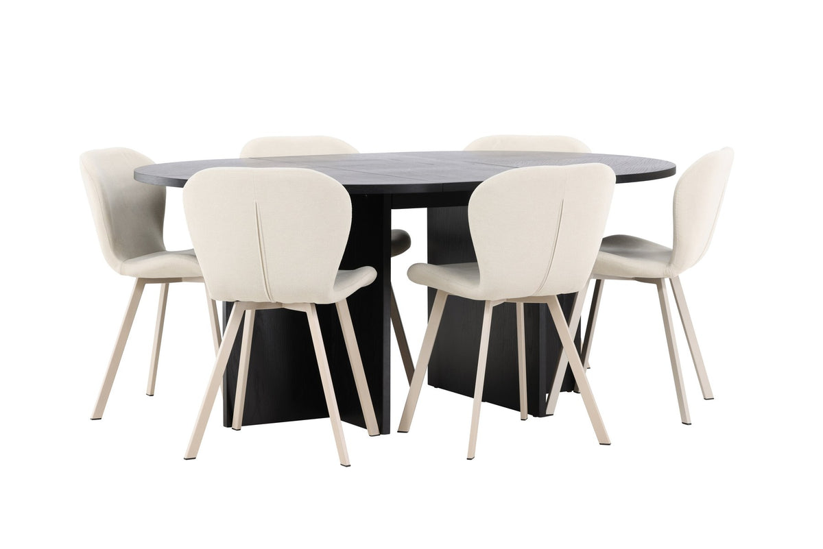 Runder Esstisch Strada aus MDF in White Wash mit sechs Lilja Stühlen, Esszimmerset von Venture Home in schlichtem Design