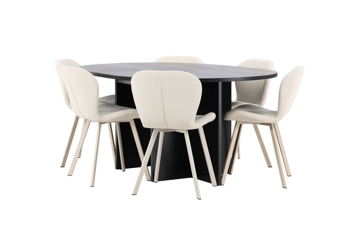 Runder Esstisch Strada aus MDF in White Wash mit sechs Lilja Stühlen, Esszimmerset von Venture Home in schlichtem Design