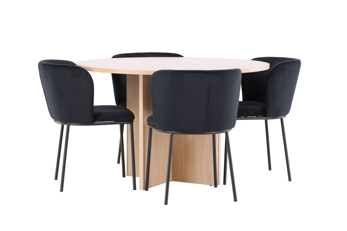Schwarzer Esstisch Strada aus MDF mit sechs Edina Stühlen mit Samtbezug, ausziehbare Tischplatte, skandinavisches Design von Venture Home.