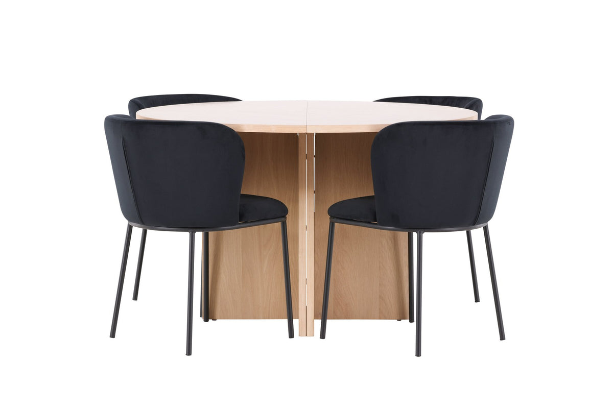 Schwarzer Esstisch Strada aus MDF mit sechs Edina Stühlen mit Samtbezug, ausziehbare Tischplatte, skandinavisches Design von Venture Home.