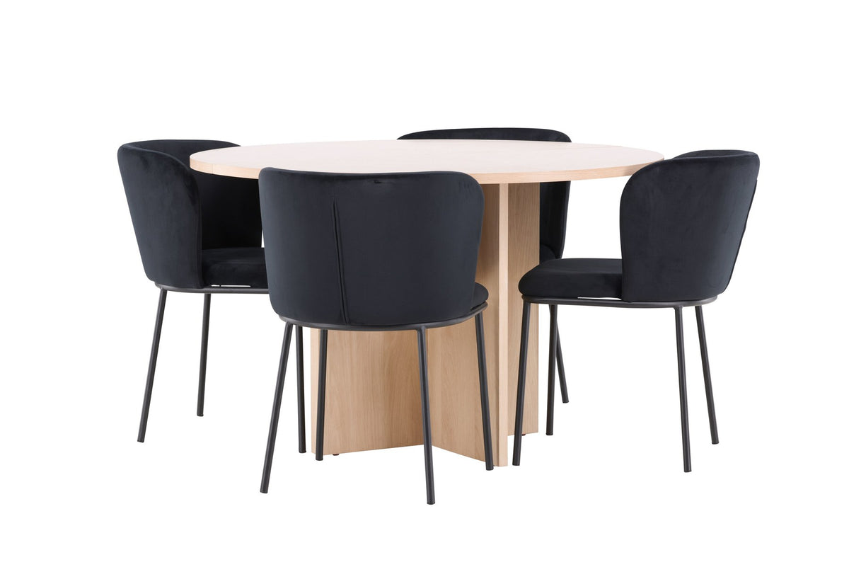 Schwarzer Esstisch Strada aus MDF mit sechs Edina Stühlen mit Samtbezug, ausziehbare Tischplatte, skandinavisches Design von Venture Home.