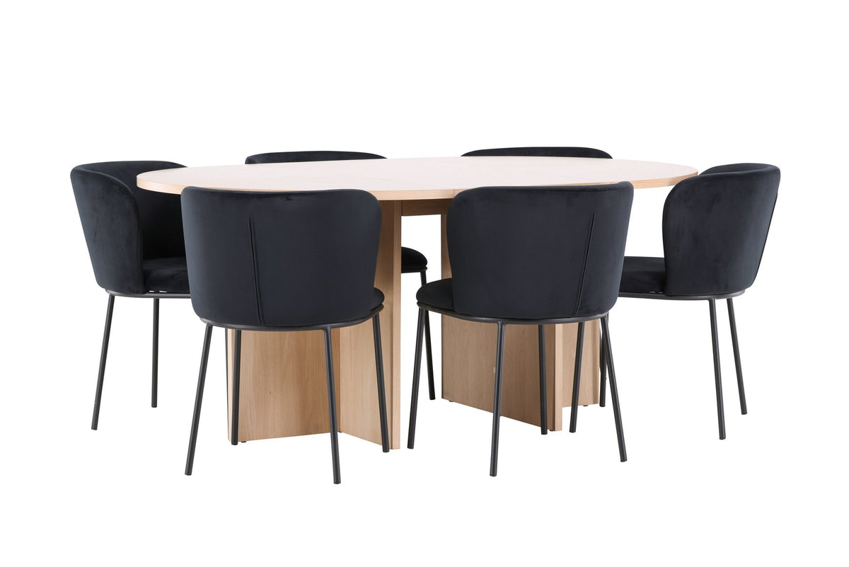 Schwarzer Esstisch Strada aus MDF mit sechs Edina Stühlen mit Samtbezug, ausziehbare Tischplatte, skandinavisches Design von Venture Home.