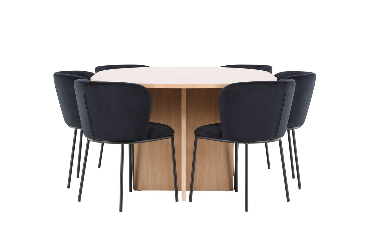Schwarzer Esstisch Strada aus MDF mit sechs Edina Stühlen mit Samtbezug, ausziehbare Tischplatte, skandinavisches Design von Venture Home.