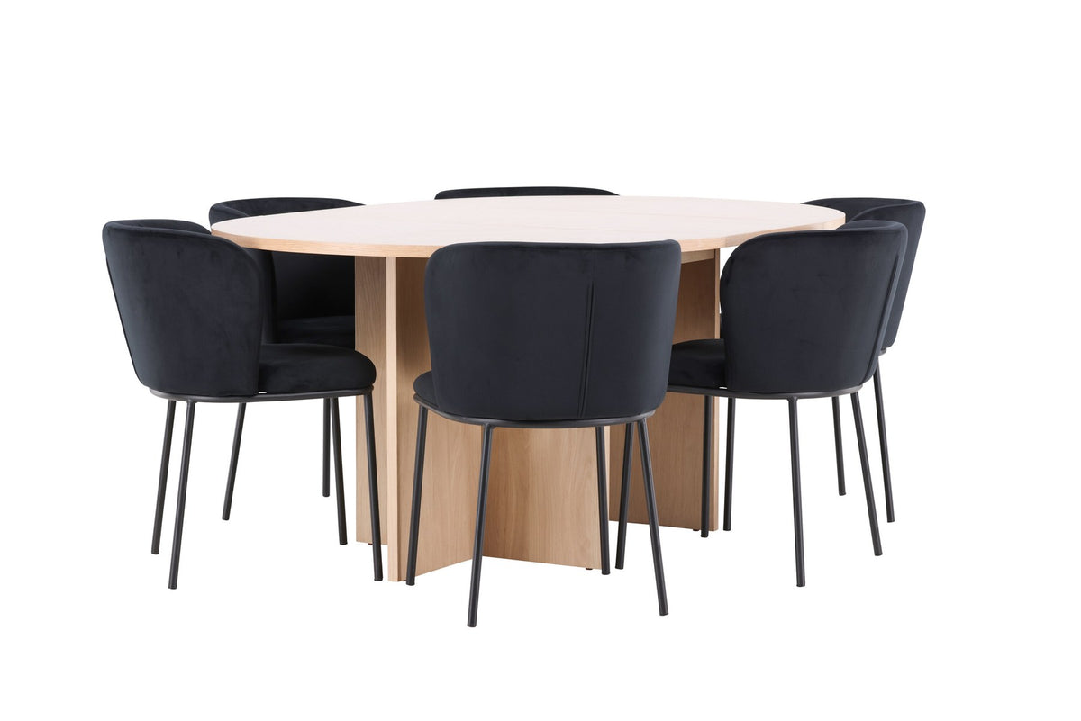 Schwarzer Esstisch Strada aus MDF mit sechs Edina Stühlen mit Samtbezug, ausziehbare Tischplatte, skandinavisches Design von Venture Home.