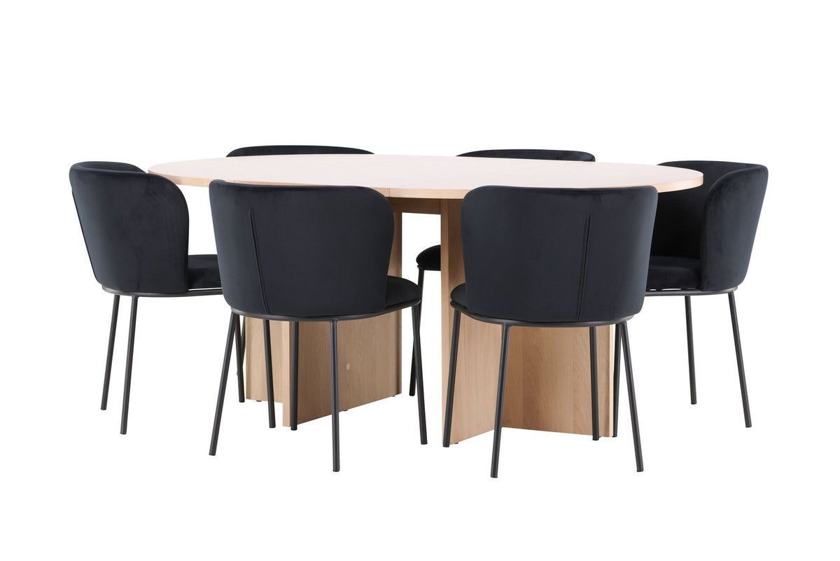 Schwarzer Esstisch Strada aus MDF mit sechs Edina Stühlen mit Samtbezug, ausziehbare Tischplatte, skandinavisches Design von Venture Home.