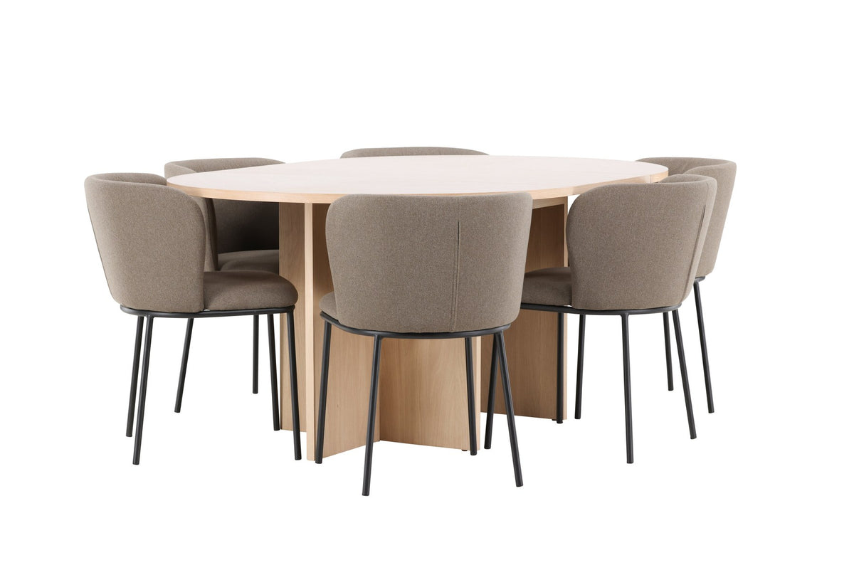 Schwarzer Esstisch Strada aus MDF mit sechs Edina Stühlen mit Samtbezug, ausziehbare Tischplatte, skandinavisches Design von Venture Home.