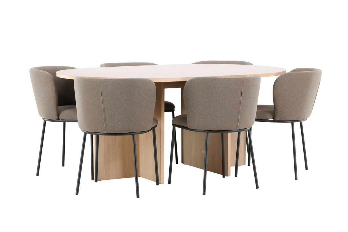 Schwarzer Esstisch Strada aus MDF mit sechs Edina Stühlen mit Samtbezug, ausziehbare Tischplatte, skandinavisches Design von Venture Home.