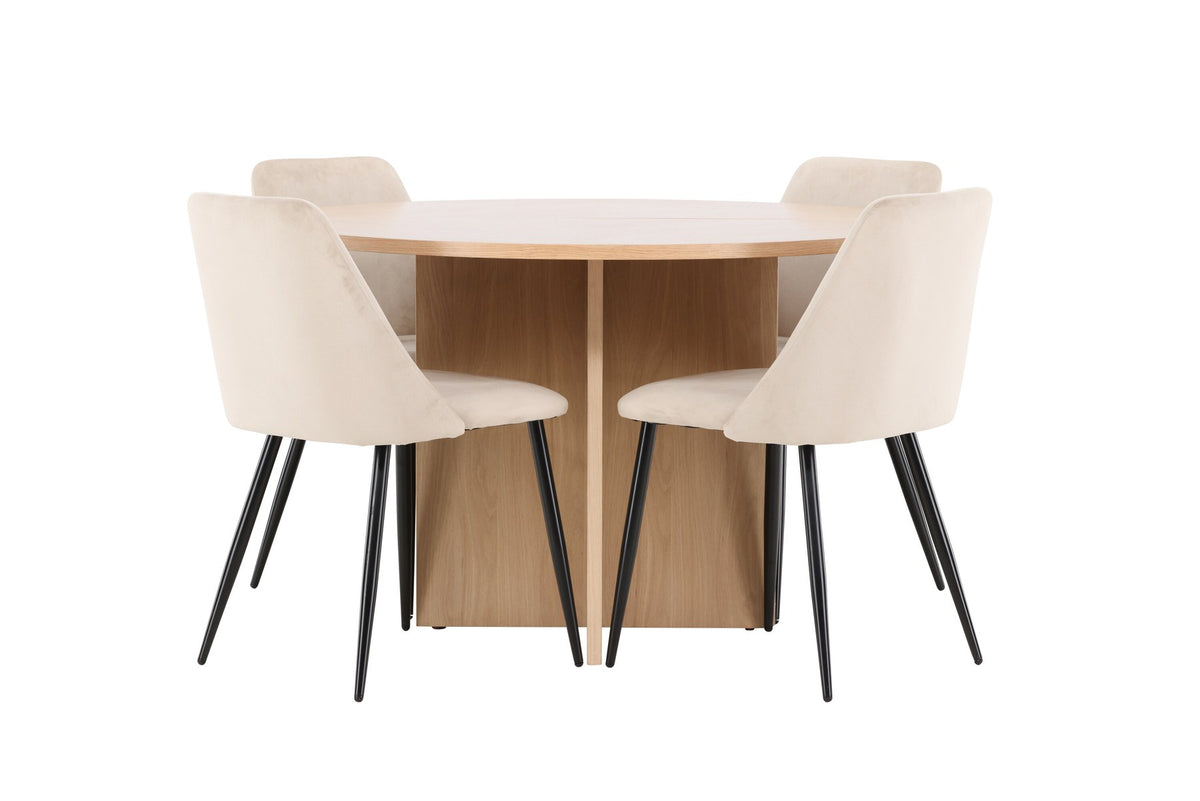 Runder Esstisch Strada aus MDF mit sechs Night-Stühlen mit Samtpolsterung und schwarzen Beinen, Esszimmerset von Venture Home