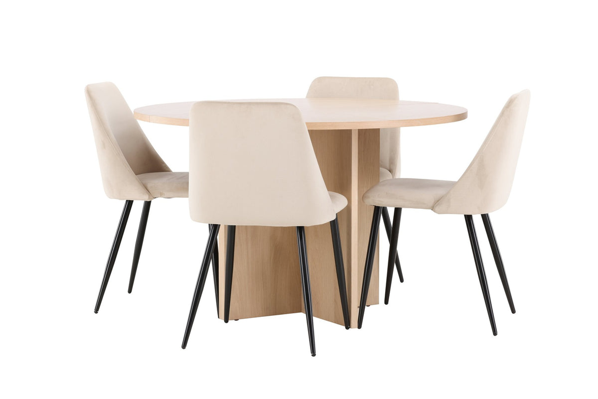 Runder Esstisch Strada aus MDF mit sechs Night-Stühlen mit Samtpolsterung und schwarzen Beinen, Esszimmerset von Venture Home