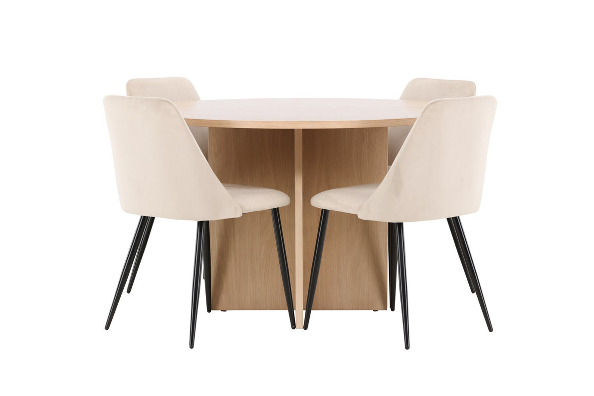 Runder Esstisch Strada aus MDF mit sechs Night-Stühlen mit Samtpolsterung und schwarzen Beinen, Esszimmerset von Venture Home