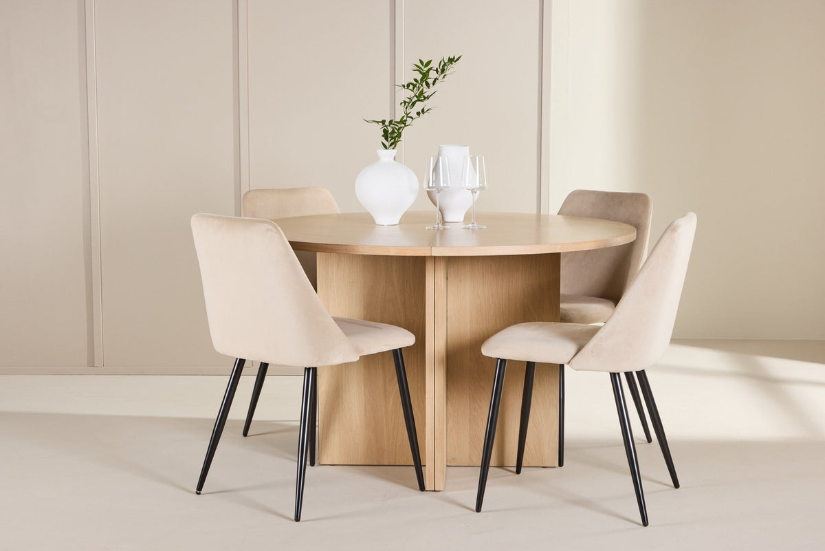 Runder Esstisch Strada aus MDF mit sechs Night-Stühlen mit Samtpolsterung und schwarzen Beinen, Esszimmerset von Venture Home