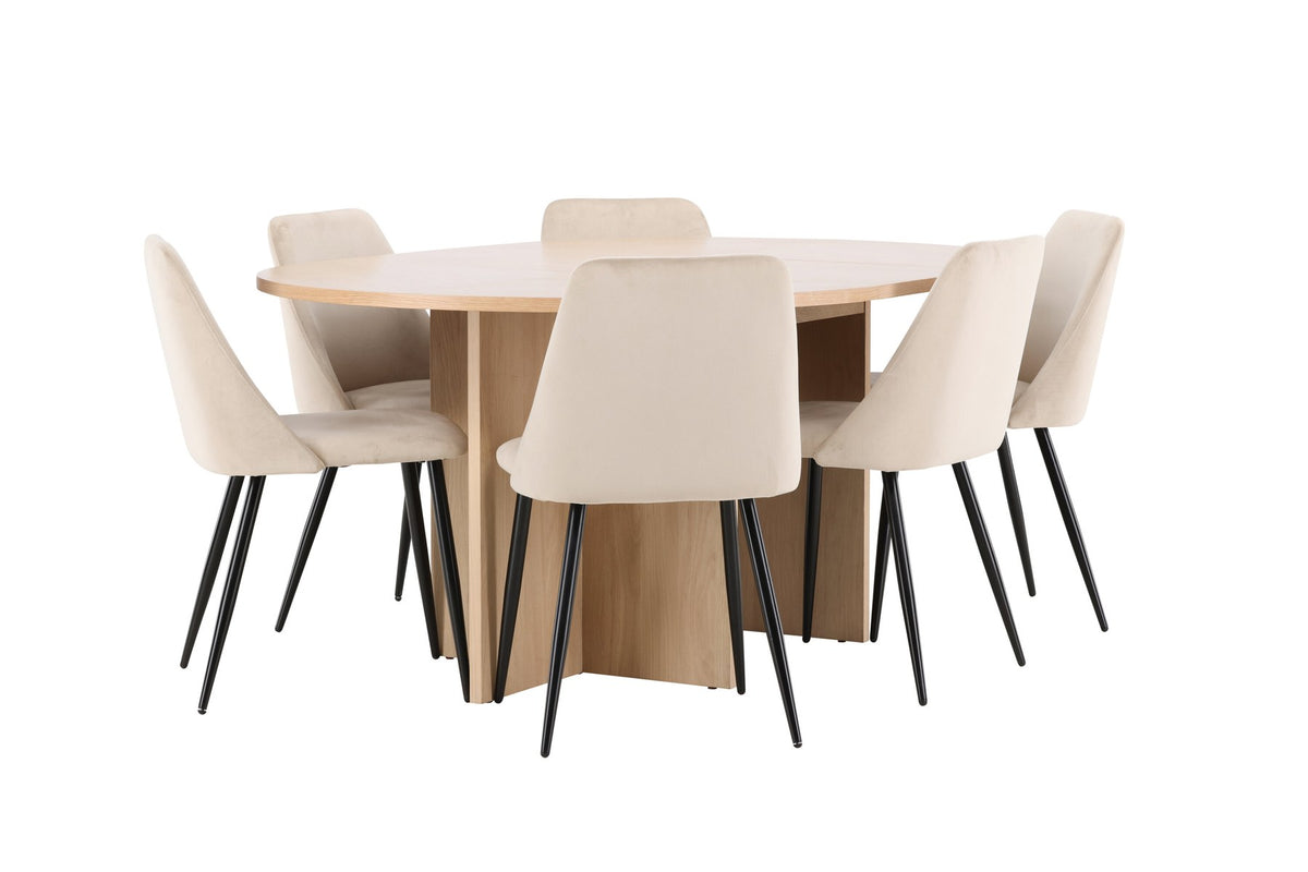 Runder Esstisch Strada aus MDF mit sechs Night-Stühlen mit Samtpolsterung und schwarzen Beinen, Esszimmerset von Venture Home