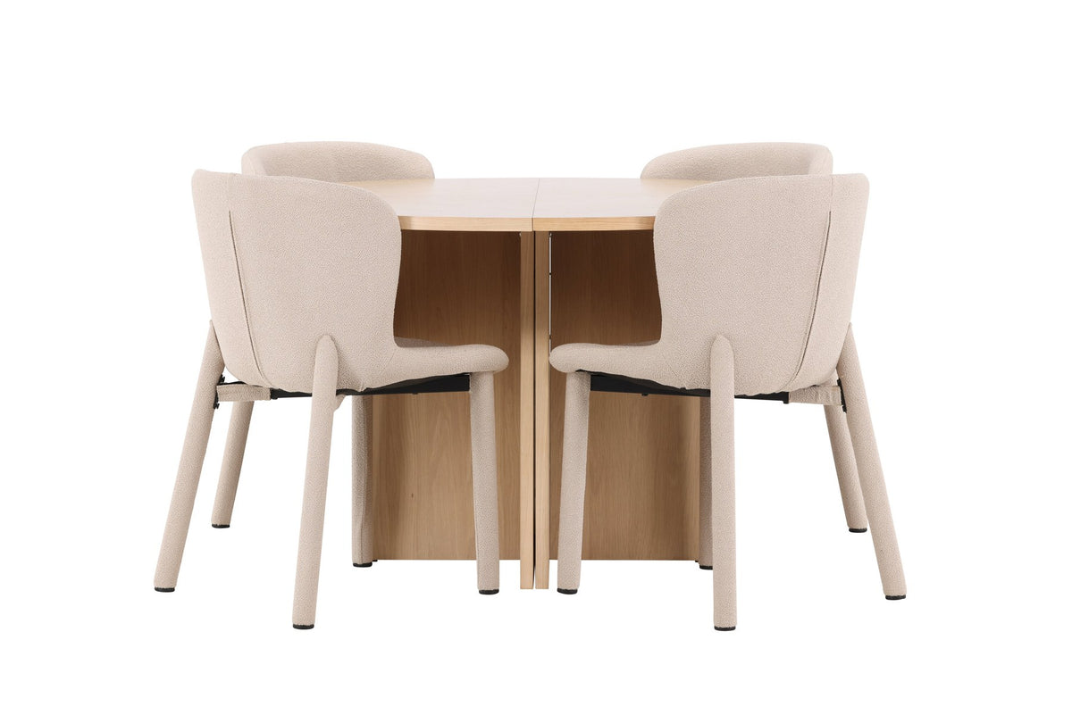 Rundes Esstischset Strada mit sechs Astoria-Stühlen aus MDF und Bouclé-Bezug, Ausführung Schwarz oder White Wash, sechs Sitzplätze
