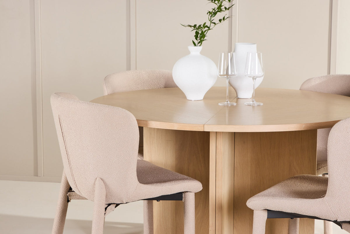 Rundes Esstischset Strada mit sechs Astoria-Stühlen aus MDF und Bouclé-Bezug, Ausführung Schwarz oder White Wash, sechs Sitzplätze