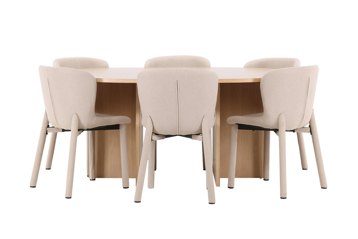 Rundes Esstischset Strada mit sechs Astoria-Stühlen aus MDF und Bouclé-Bezug, Ausführung Schwarz oder White Wash, sechs Sitzplätze