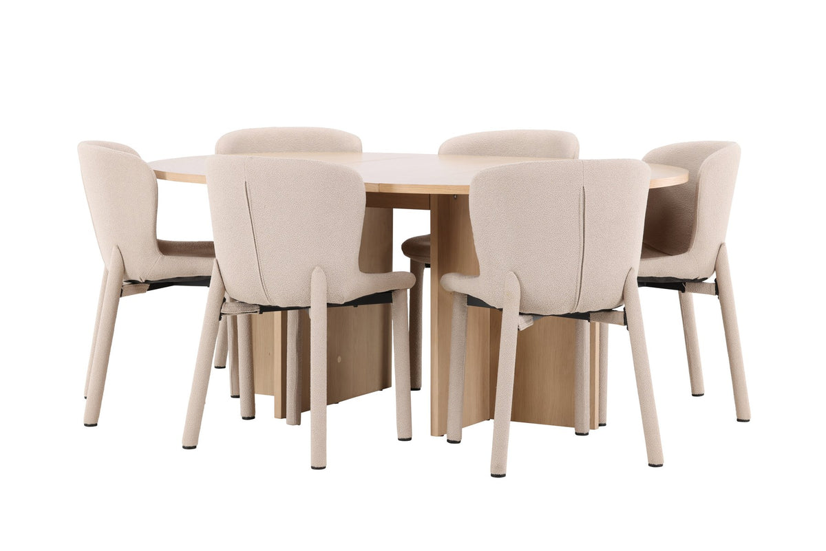 Rundes Esstischset Strada mit sechs Astoria-Stühlen aus MDF und Bouclé-Bezug, Ausführung Schwarz oder White Wash, sechs Sitzplätze