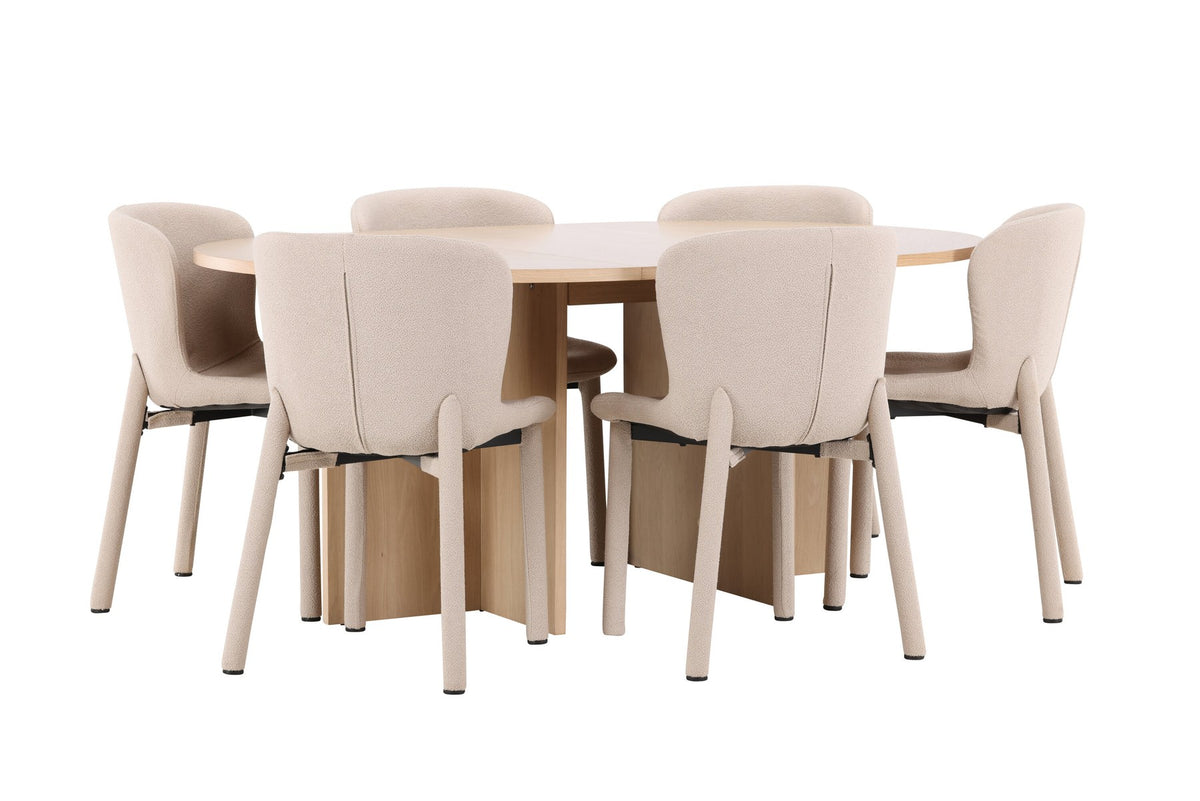 Rundes Esstischset Strada mit sechs Astoria-Stühlen aus MDF und Bouclé-Bezug, Ausführung Schwarz oder White Wash, sechs Sitzplätze