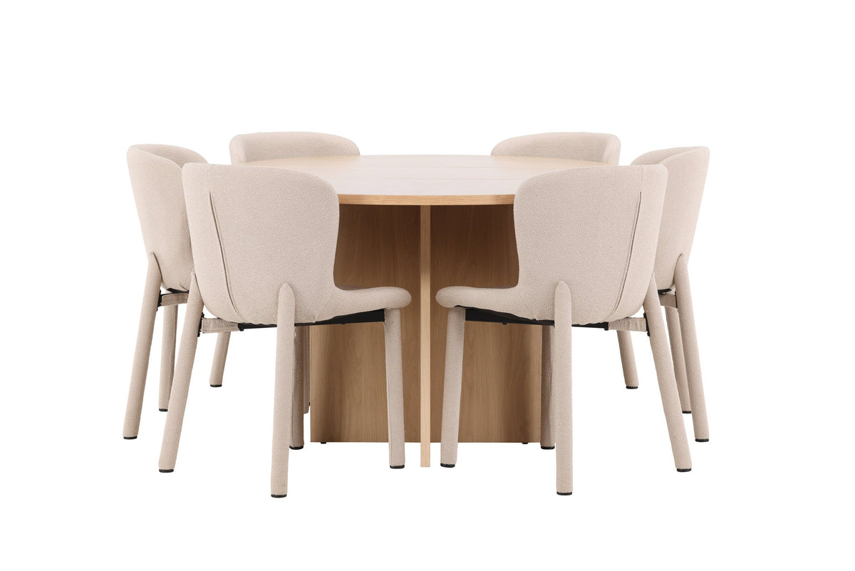 Rundes Esstischset Strada mit sechs Astoria-Stühlen aus MDF und Bouclé-Bezug, Ausführung Schwarz oder White Wash, sechs Sitzplätze