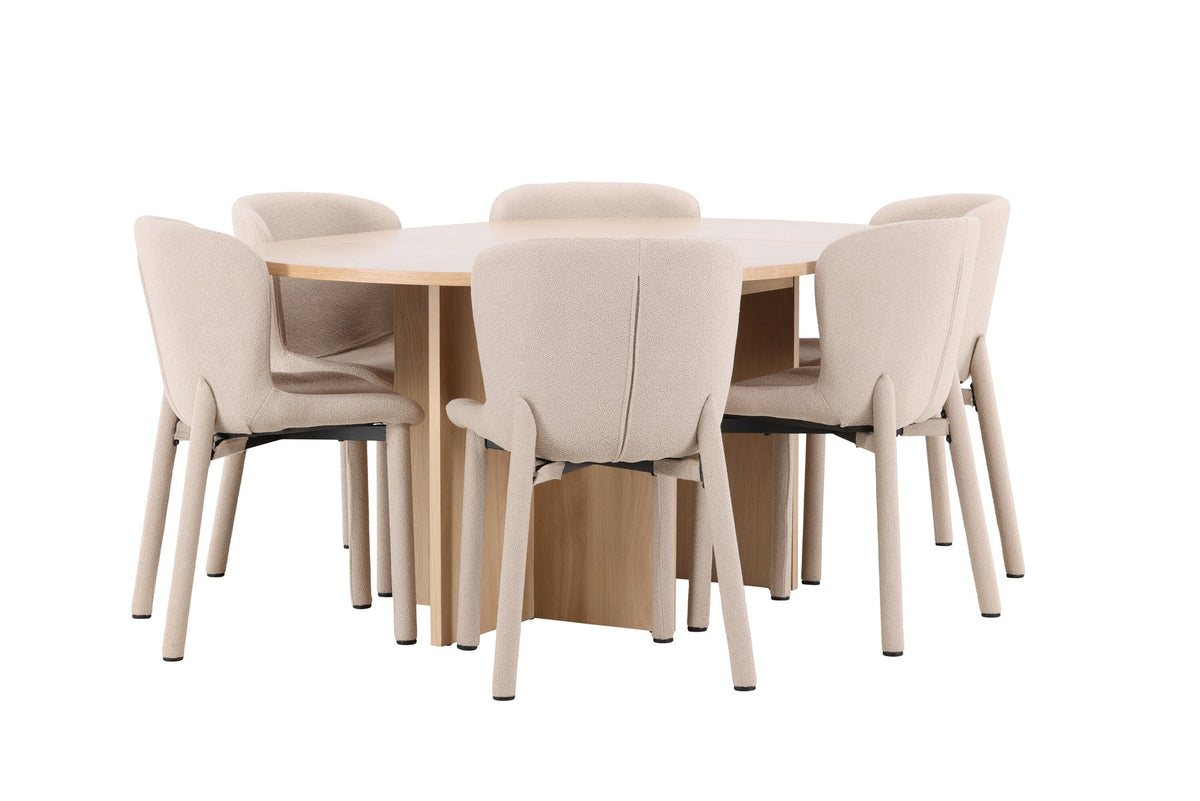 Rundes Esstischset Strada mit sechs Astoria-Stühlen aus MDF und Bouclé-Bezug, Ausführung Schwarz oder White Wash, sechs Sitzplätze